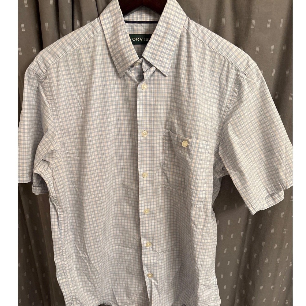 Orvis Mens Short Sleeve Plaid Button Down Shirt Blue Orange Cotton Blend Medium